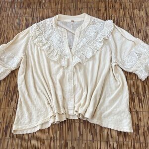 Free People Walk in the Park Peasant Ruffled Blouse Mandarin Collar Size Large